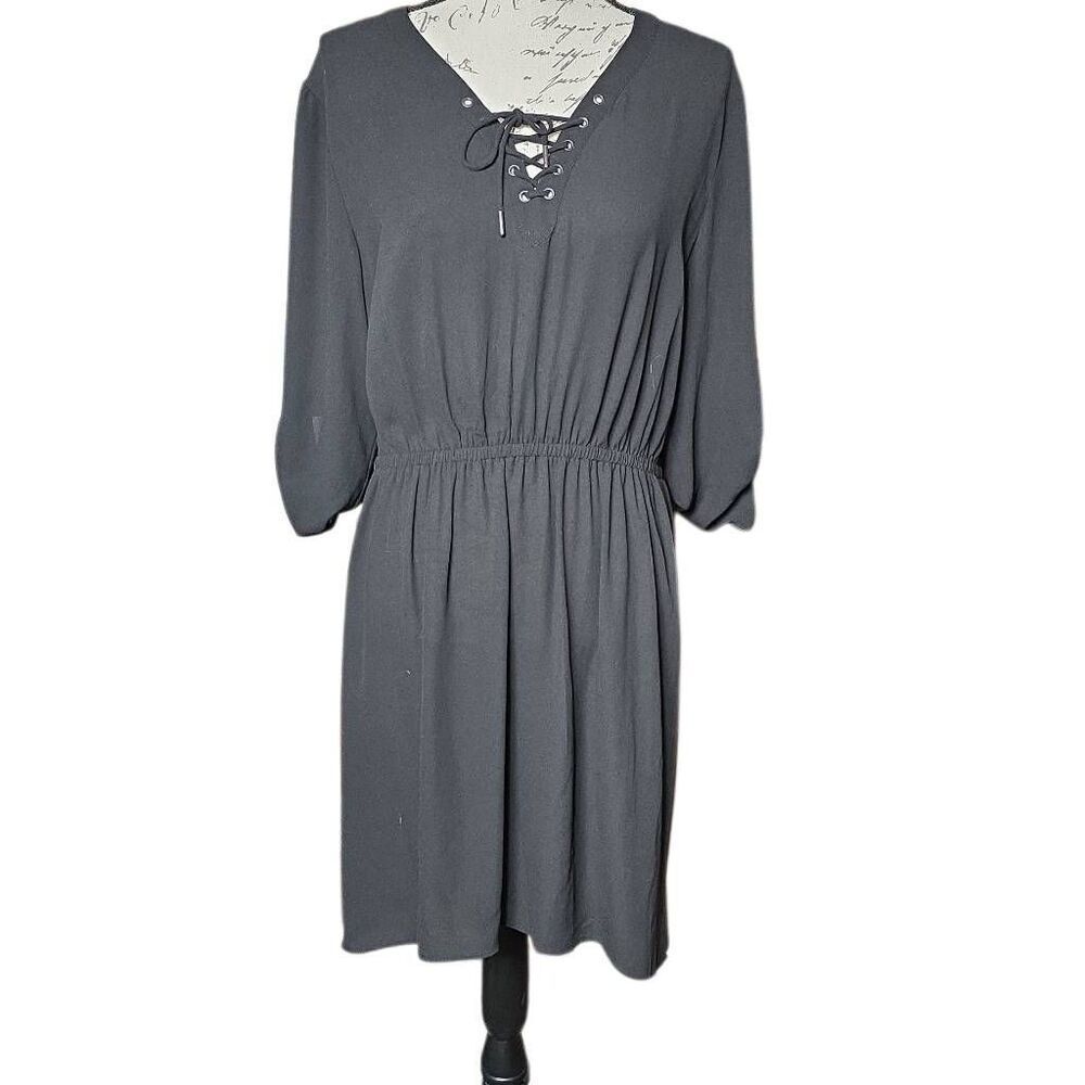 Mossimo Women's Size Large Black Lace Up Neck Roll Up Sleeve Dress